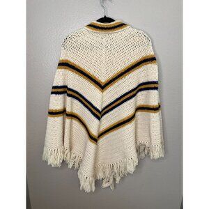 Handmade Knit Poncho With Collar & Fringe Cream one Size Fits Most Striped